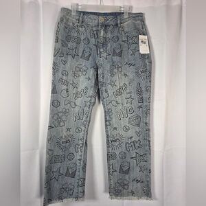 NWT MICHAEL KORS Sketch Print Graffiti Crop Frayed Hem Denim Jeans Women's 10